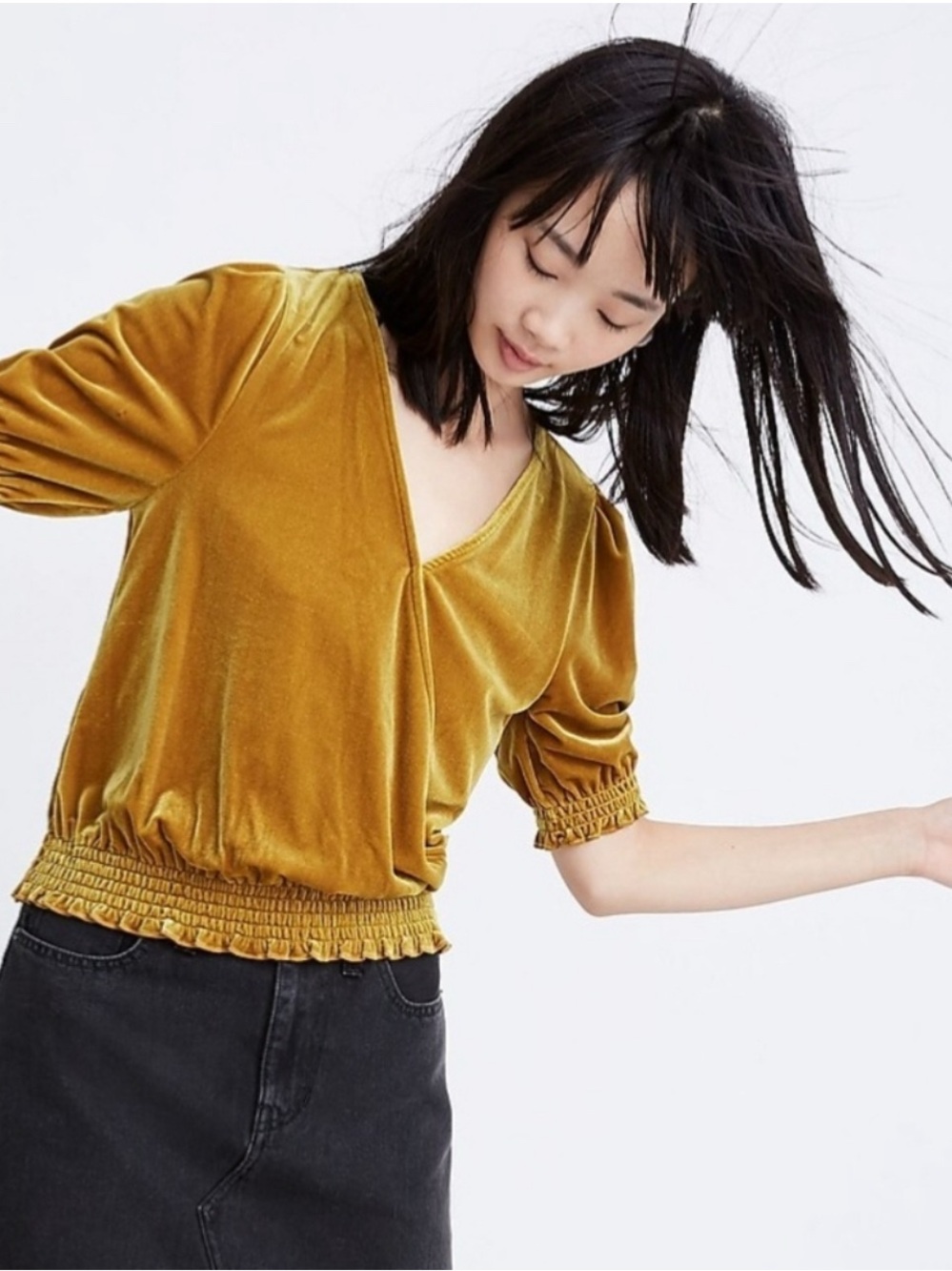 Madewell Velvet V-Neck Smocked-Hem Top in Mustard Yellow